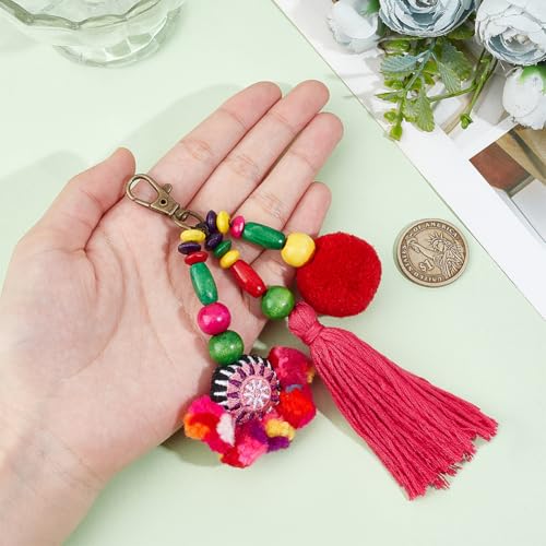 Beebeecraft Boho Keychain Red Tassel Bag Charm Pompom Wood Bead with Swivel Clasp Pendant Decoration Hanging Ornament for Women Gift - Image 3