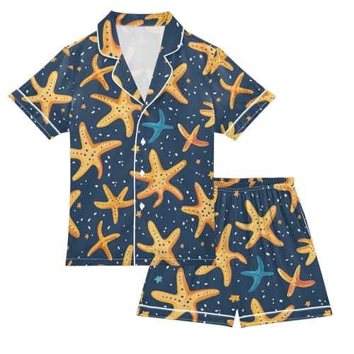 ALAZA Star Starfish Color Pajamas Satin Pajama Set Short Sleeve Button Down Sleepwear