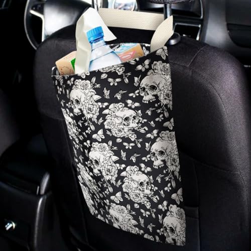 Image of IRADA Car Trash Bag Hanging No Snap Small Garbage Bag for Car Back Seat Cute Printed One-Handed Strap Trash Bags Car Accessories-Halloween Skull Car Trash Bags
