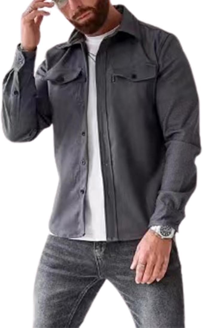 Arknav Men's Gray Button Down Shirt Jacket Casual Stylish Shirt Jackets Casual Youth Shirt(,S)