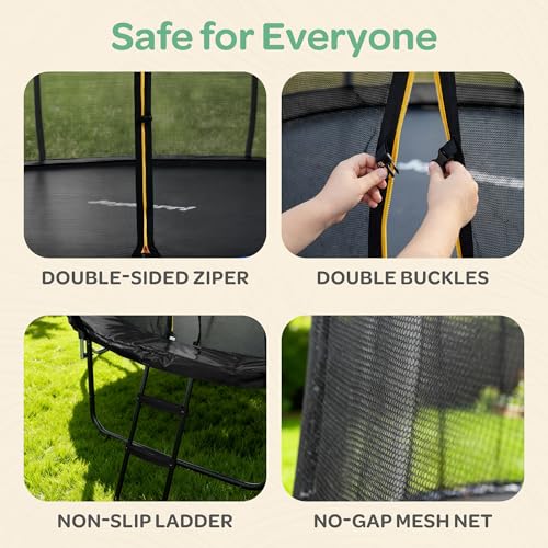 Image of JoyBerri Trampoline Outdoor - Upsurge ASTM Certified Safe 8Ft 10Ft 12Ft 14Ft 15Ft 16Ft Recreational Trampoline for Kids and Adults. Anti-Rust Coating with Enclosure Net, Ladder, Sprinkler & LED Lights