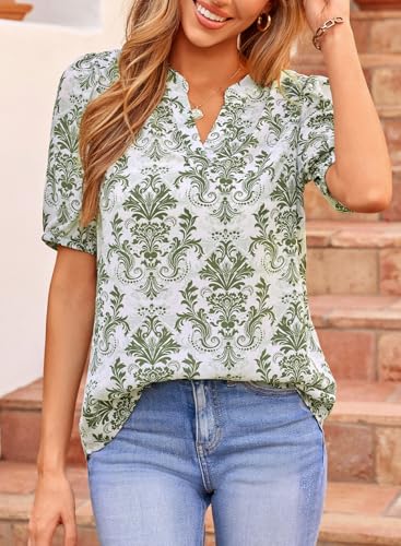 Image of Dokotoo Womens Blouses V Neck Puff Short Sleeve Business Casual Tops