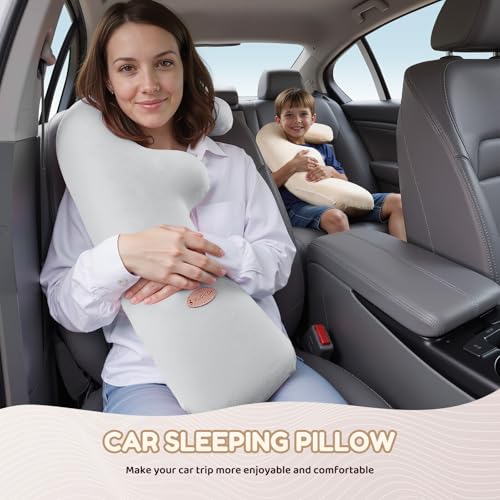 Image of FLORICH Memory Foam Kids Travel Pillow, Car Sleeping Pillow, F-Shape Car Pillows for Adults and Children, Traveling Car Pillow for Kids with Removable Pillowcase (Dark Grey)