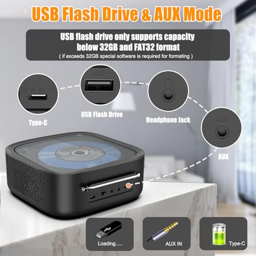 Image of Portable CD Player Bluetooth,Desktop CD Player with Bluetooth Music Boombox Portable CD Players for Home Built-in Dual Speakers FM Radio & Speaker, LED Screen Support USB /AUX Headphone Jack