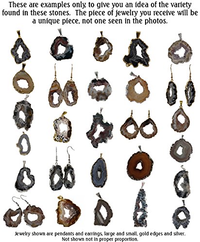 Agate Pendant Jewelry, Geode Slice, A Unique Polished Natural Stone From Brazil, With A Center Of Druzy Crystals, Medium Size Between 1 1/4" To 1 7/8" With A Silver-Plated Edge, In Gift Box #TOP2