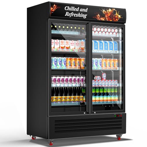 Image of Tylza Commercial Refrigerator, Double Glass Door Display Beverage Fridge, 26.49 Cu Ft Upright Beverage Cooler Merchandiser with Replaceable Advertising Light Board, Rebound Door, Fast Cooling, Black