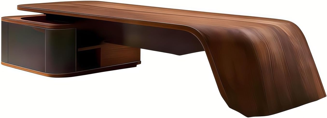 Executive L-Shaped Office Desk in Walnut - Large Curved Desktop with Privacy Shield - Premium Wood Grain Desk with Side Storage Cabinet(Right Cabinet,92")