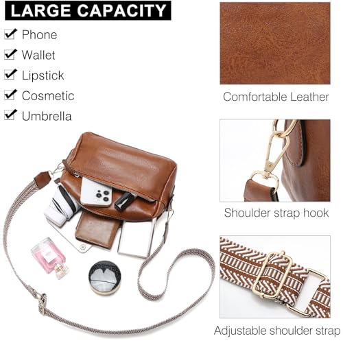 Image of FOXLOVER Small Crossbody Bags for Women Triple Zip Cell Phone Purses Vegan Leather Handbag with Colored Shoulder Strap(Brown)