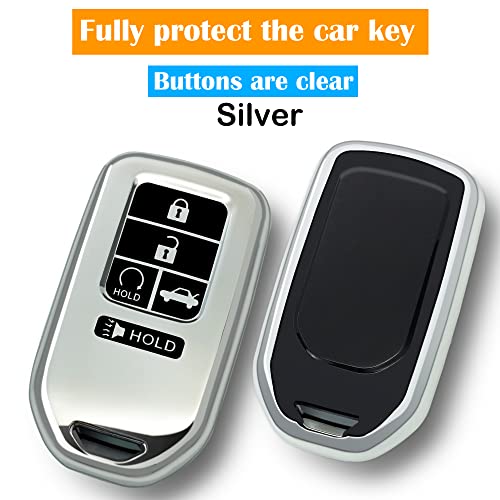 Kirsnda For Honda Key Fob Cover Case,With Keychain,Soft Tpu Protect Car Key Shell,Fit Civic Accord Pilot Cr-V Insight,Ect Remote Smart Key(Silver) #TOP2