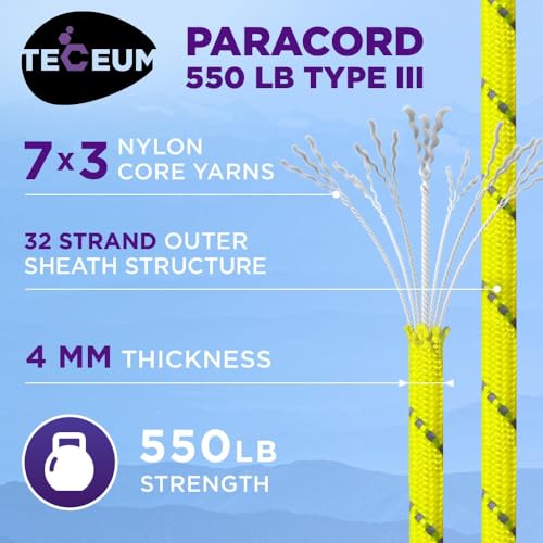 Image of TECEUM Reflective Paracord Rope 1000 - 1000ft /200ft /100ft /50ft - 40+ Colors - Glow in the Dark - para Cord - Utility Rope for Survival, Hunting & Camping Gear - Nylon String, Camping Rope, Tent Cord