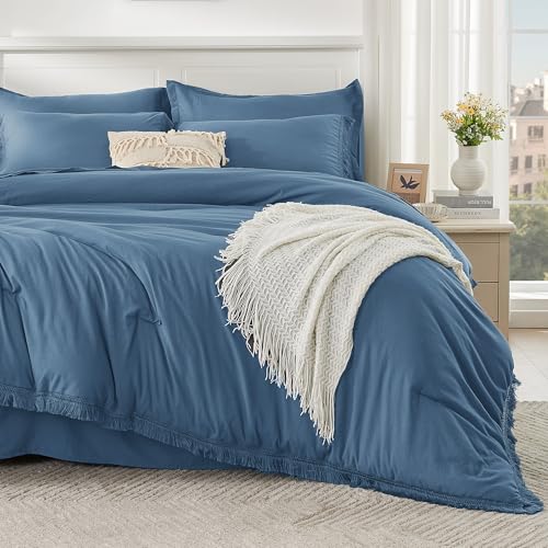 Image of Andency Queen Comforter Set with Sheets Sea Blue - 7 Pieces Boho Tassel Bed in a Bag Soft Lightweight Bedding Sets, Fringe Bed Set with Comforter, Sheets, Pillowcases & Shams