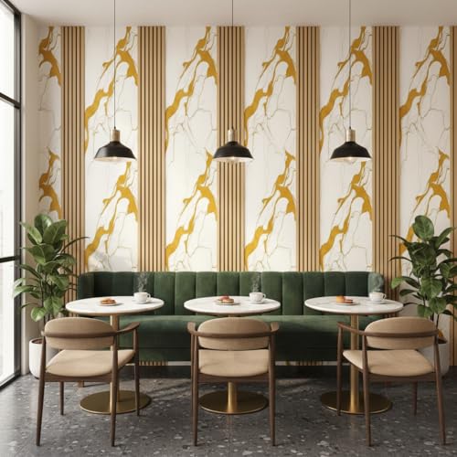 Image of Hotegxa Golden Marble Wooden Louvers Wallpaper for Walls | Self Adhesive Waterproof PVC Peel & Stick Wallpaper | TV Unit Wall Sticker for Living Room, Bedroom, Office Decor (45 x 300 CM)