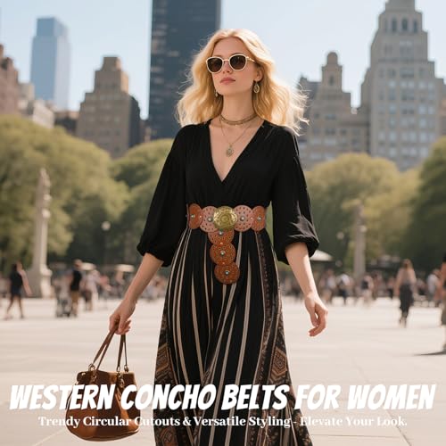 Western Leather Belts for Woman Boho Cowgirl Wide Disc Belt for Women Concho Cowboy Waist Belts for Dress (Brown-bronze Buckle, 48'' (fits waist size up to 45''))4