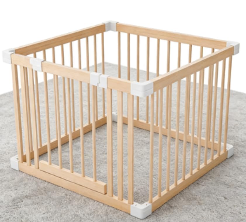 Baby Playpen, Wooden Playpen for Babies and Toddlers,Large Adjustable Wooden Baby Playard with Locking Gate, Easy to Assemble, Portable Play Pen (30.12x25.92Inch)