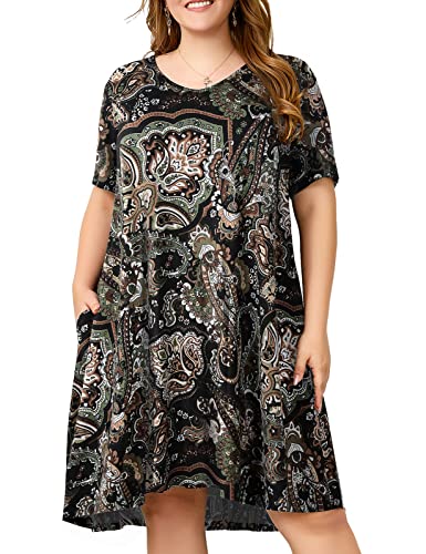 Image of OVERWORETY Womens Short Sleeve Plus Size T-Shirt Dress V Neck Casual Loose Swing A-Line Summer Tunic Dresses with Pockets