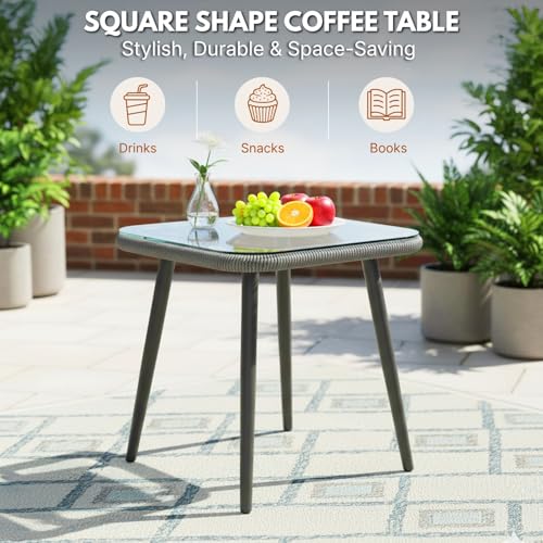 Image of DEVOKO Rope & Iron 3 Piece Patio Garden Outdoor Rope Bistro Set Handwoven Furniture With All Weather Cushioned Chair & Table For Balcony, Lawn, Backyard, Pool (Grey)
