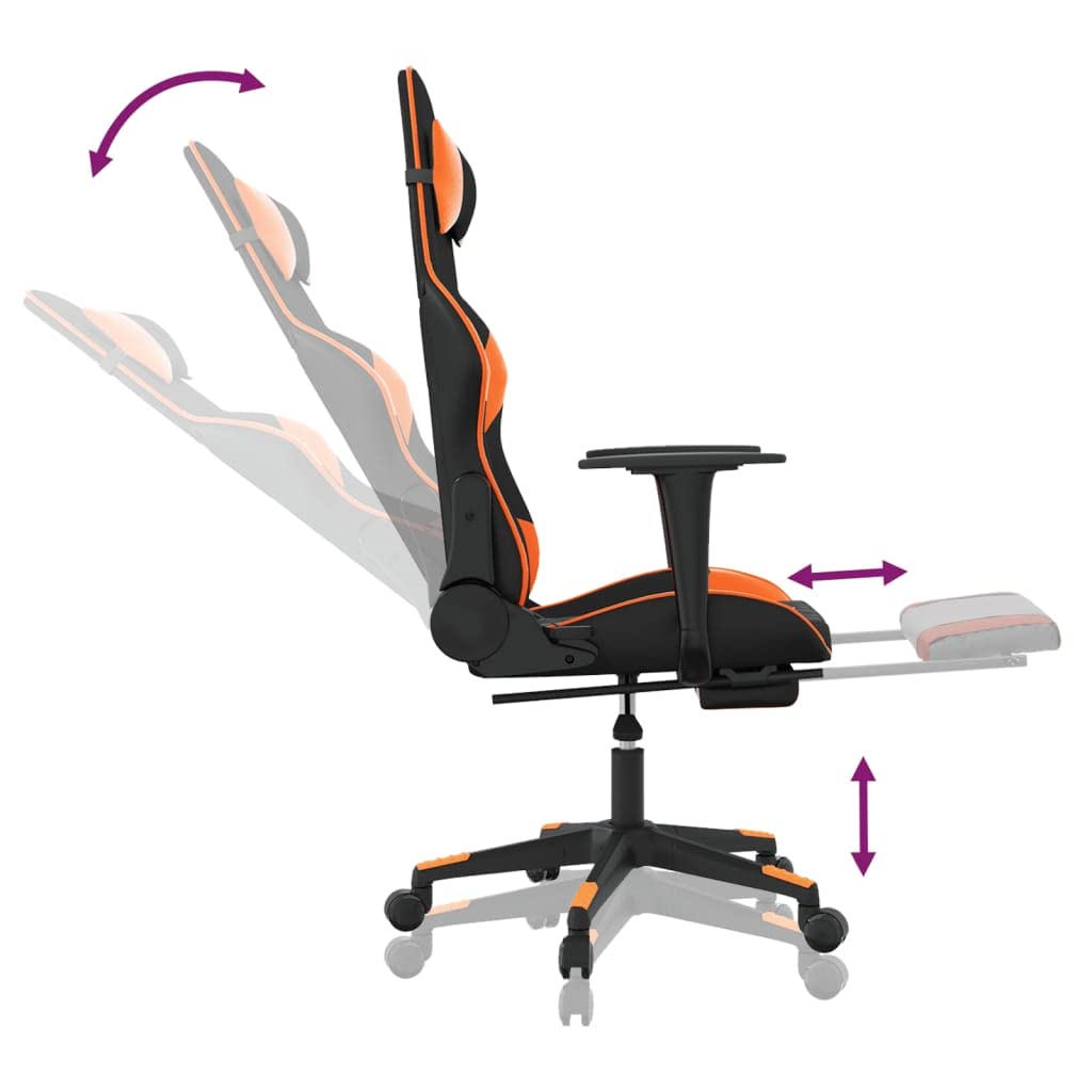 Fotel gamingowy z podnóżkiem, czarna i pomarańczowa sztuczna skóra, regulowane oparcie, obracane o 360 stopni, wytrzymały metalowy stelaż, ergonomiczny do biura, domowego biura, gracza i