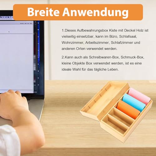 CAAGGMM A7 Karteikarten Box Holz, 22x12,6x9cm Karteikarten Holzbox mit Deckel, Lernbox Vokabelbox mit 4 Herausnehmbar Trennwänden und 400 Stück Haftnotizen, für Büro Schulen und Zuhause