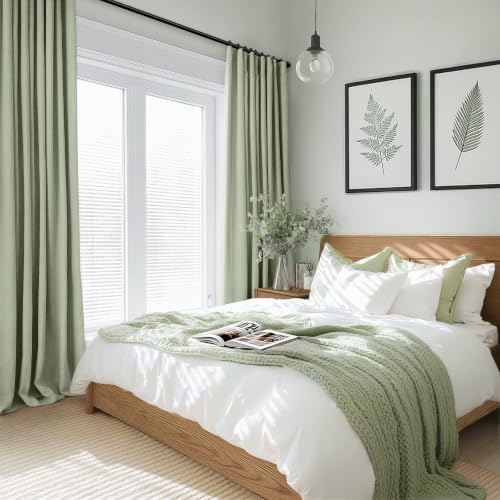 Image of INOVADAY 100% Blackout Curtains for Bedroom, Sage Black Out Curtains 96 Inch Long, Clip Rings Linen Blackout Drapes, Thermal Insulated Room Darkening for Living Room, 2 Panels - W50xL96