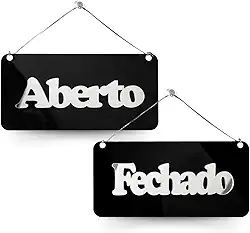 Placa Acrílica Frente Verso Aberto Fechado Ventosa Preto (Preto e Prata)