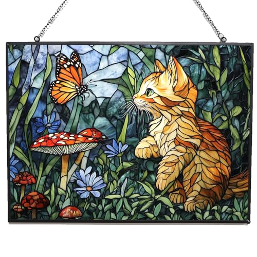 365CUSGIFTS Rectangle Vintage Cat and Butterfly Stained Glass Window Hanging,Hummingbird Sun Catchers Indoor Window Decor, Stained Glass Suncatcher Gifts for Women, Christmas