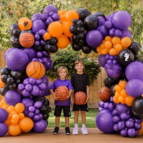 Image of Purple Orange Balloon Arch Kit, Double Stuffed Purple Lavender Orange Black Balloon Garland for Basketball Sport Theme Birthday Race Car Magic Graduation Baby Shower Party Decorations