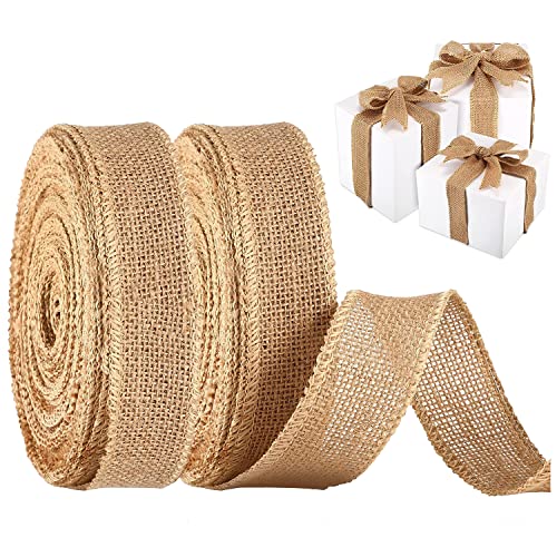 kuou Cinta de arpillera rústica, rollo de cinta de arpillera de yute natural, cinta de lino para envolver regalos y manualidades, marrón, 2 x 10 m x 2 rollos Cover