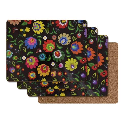 Shes Chic Cork Placemats for Kitchen Dining Table Hardboard Rectangular Plate Place Mats Hard Set of 4 Wipable Water Resistant Bright Flowers on Black Background Rectangular