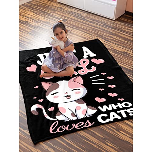 Image of Cat Blanket Plush Gift for Kids Women Comfy Throw-Just A Girl Who Loves Cats-Soft Lightweight Kawaii Kitten Quilt Cozy Sheet Cute Animals Flannel Blankets for Halloween Couch Chair-40x50 Inches