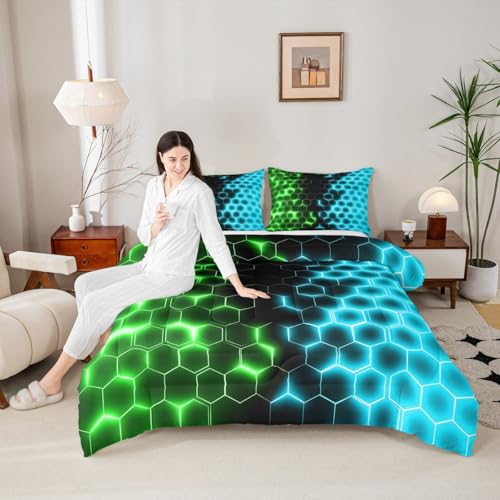 Image of Feelyou Green Blue Honeycomb Bedding Set Fluorescent Geometrics Hexagon Comforter Set Beehive Hexagon Comforter for Boys Girls Geometric Duvet Set Queen Size Quilt 3Pcs Boys