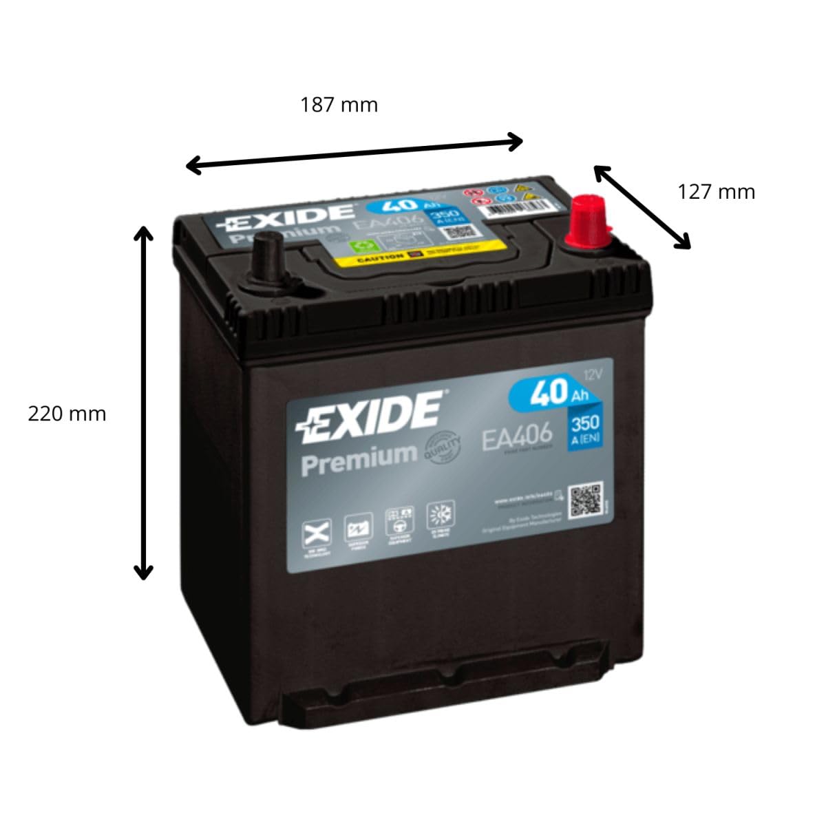 EXIDE EA406 Premium Starterbatterie 40Ah 12V 350A DIN/ISO B19 Kompatibel mit HONDA CIVIC VIII Hatchback FN, FK, HYUNDAI i10 PA, TOYOTA Yaris Schrägheck P13