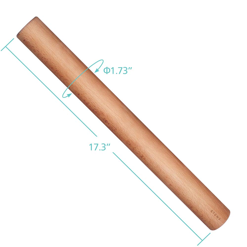 Etens - Rodillo de madera para hornear pasteles de masa de pizza y galletas, rodillo de masa de madera - suministros esenciales para hornear y herramientas para hornear, 45 cm
