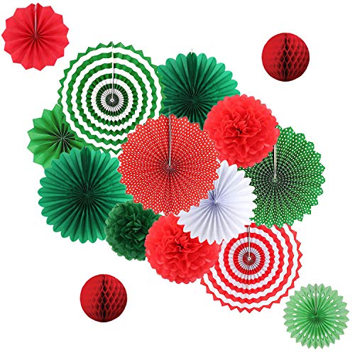 zorpia Hanging Party Decorations Set Tissue Paper Fan Paper Pom Poms Flowers and Honeycomb Ball for Christmas Wedding Engagement Graduation Party Decor Green Red Kit