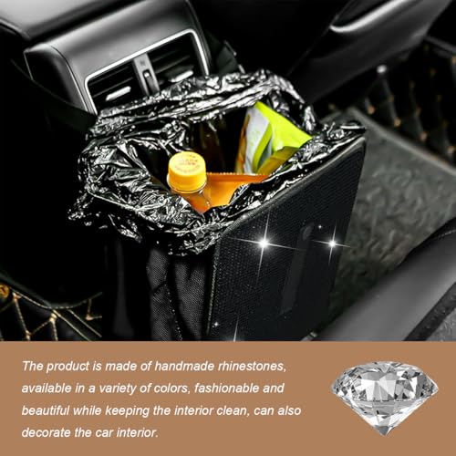 Image of Car Trash Can, Bling Rhinestone Crystal Waterproof Hanging Garbage Bag for Car Interior, Oxford Leakproof Foldable Waste Organizer Trash Bin Universal for Most Vehicles (Black)