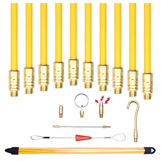 33' Fiberglass Cable Wire Running Rod Coaxial Electrical Connectable Fish Tape Pull Kit with Hook and Hole Kit in Transparent Tube, Yellow