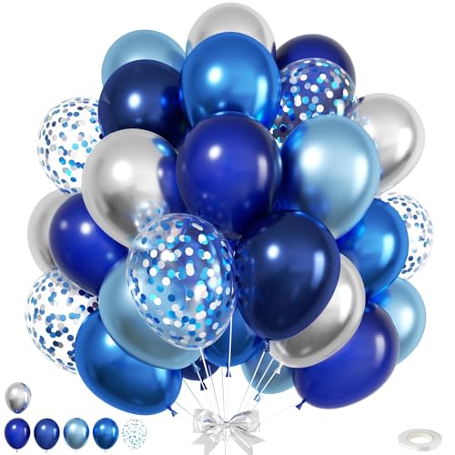 Image of Blue and Silver Balloons, 12 Inchs Navy Blue Metallic Silver Blue Pearl Confetti Balloons for Birthday Graduation Baby Shower Wedding Retirement Space Theme Party Supplies