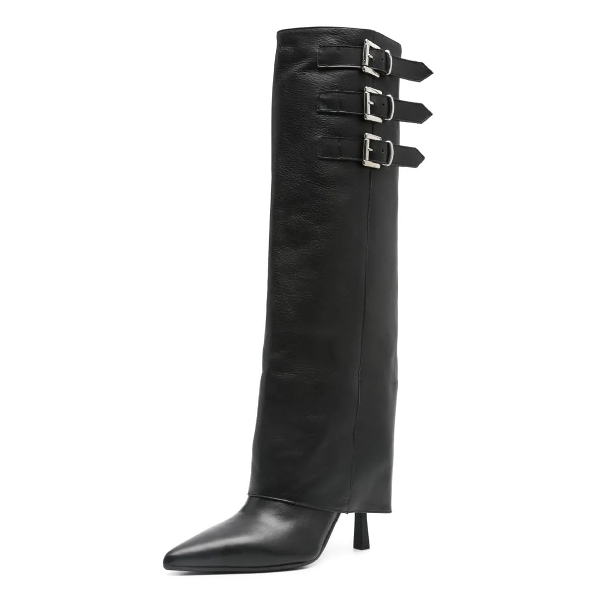 FOWT Women Pointed Toe Over the Knee Boots Stiletto High Heel Long Boots Strappy Buckles Pull on Winter