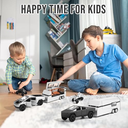 Image of 1:32 Scale Die-Cast Tesla CyberTruck with Pick-Up Trailer with 6 Openable Doors Pull Back Toy Car with Lights & MusicToy Car Gift for Kids (1:32 Cybertruck Trailer - Random Color)