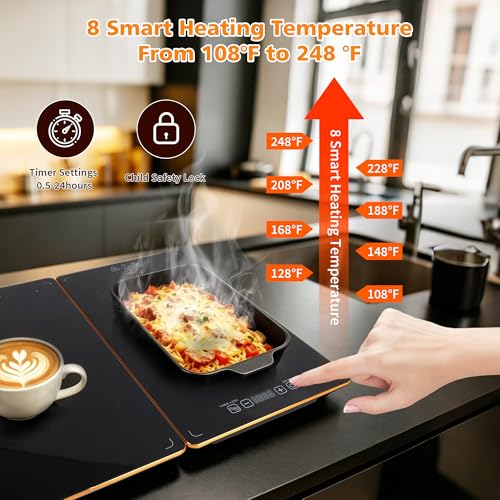 Image of Electric Food Warming Tray, 4-in-1 Buffet Food Warmer with 8 Temperature Settings & Timer, 33 inch x 15 inch Tempered Glass Warming Mat for Parties, Modular Hot Plate for Catering & Events (Black)