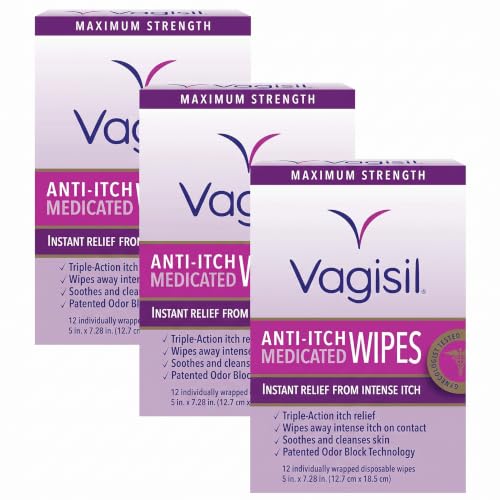 Vagisil Anti-Itch Medicated Feminine Intimate Wipes for Women, Maximum Strength, Gynecologist Tested, 12 Wipes (Pack of 3)
