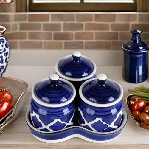 Tarros de cerámica con tapa y bandeja de sujeción | Barni multiusos para chutney, encurtidos, especias, mermelada, té, azúcar, ketchup | Contenedor de almacenamiento | Juego de recipientes de mesa de