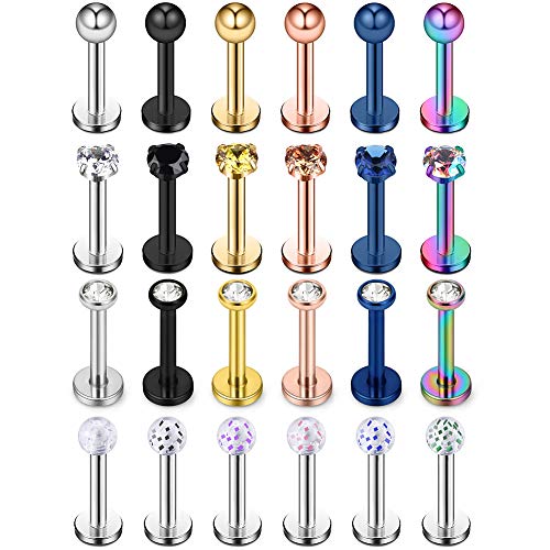 Ruifan 24PCS 16G 3mm Ball Cubic Zirconia Labret Monroe Lip Ring Tragus Helix