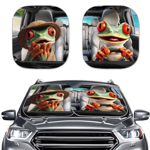 Image of Car Front Windshield Sun Shade Cute Frog 2-Piece Foldable Car Windshield Sun Shade UV Rays and Keeps Vehicle Cool Easy to Install for Most Sedan Truck SUV
