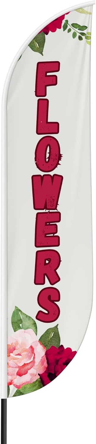 Flowers Sign Feather flag Pole Mount for Outdoor by Mavis Print | 11.5 FEET Long Polyester Outdoor Banner Flag Pole Kit for Easy Hang | HD Print Swooper Flag Pole Stand for Valentine's Day | US Made