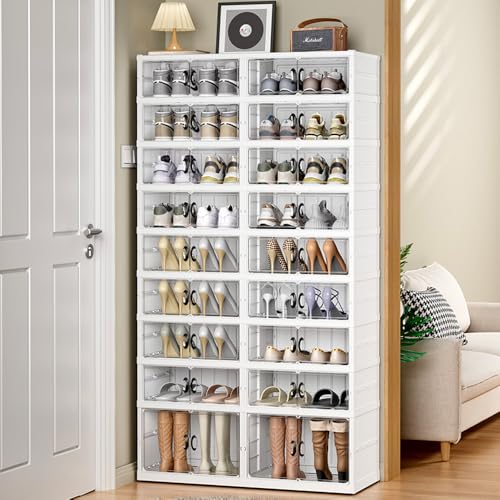 Foldable Shoe Rack Collapsible Storage Box Size up to 15 A Wider Door Frame Size is 3583 Inch Stackable Plastic Bins Tote with Lids Organizing Clear Dustproof 9 Tiers 36 Pairs