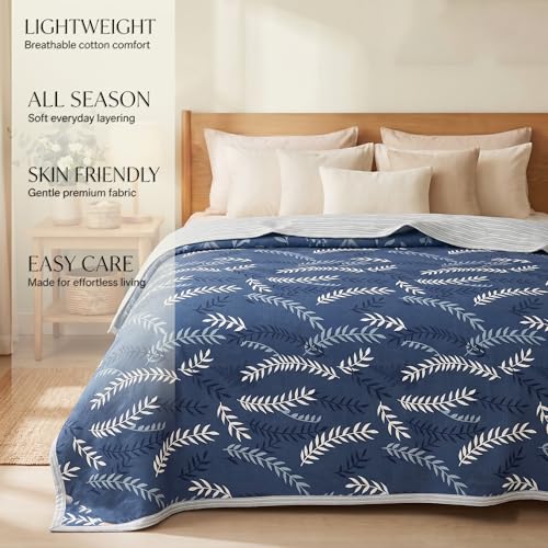 Image of HOMEKART Premium 100% Cotton Dohar for Double Bed | Reversible AC Blanket | Lightweight All Season Comforter | Soft & Breathable Summer Quilt for Adults | 150 GSM | 88 x 85 Inches (Sapphire Fern)