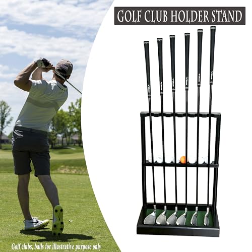 Image of Golf Club Rack Stand, Solid Wood Golf Club & Putter Display Rack, Golf Club Organizer Holds Up to 6 Clubs with Ball Storage, Floor Rack for Indoor Golf Simulator, Office or Home