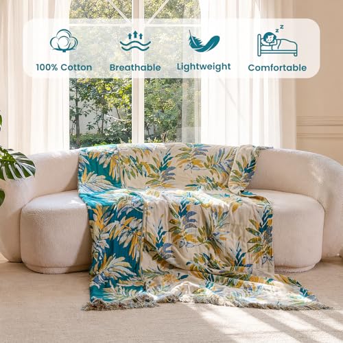 Image of MSGKV Boho Throw Blanket 60 inchx80 inch 100% Cotton Leaves Muslin Blanket for Bed