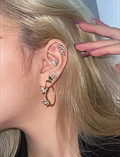 Double CZ Butterfly Dangle Hoop Earrings for Women Girls 14K Gold Plated Cubic Zirconia Big Gold Hoops Click Top Lever-back Clasp Earring Dainty Huggie Jewelry for Wedding Party Prom3