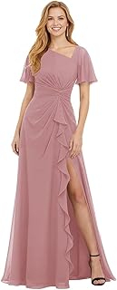 Chiffon Mother of The Bride Dresses with Slit Long Ruffles Short Sleeves Asymmetrical Pleated Formal Gowns
